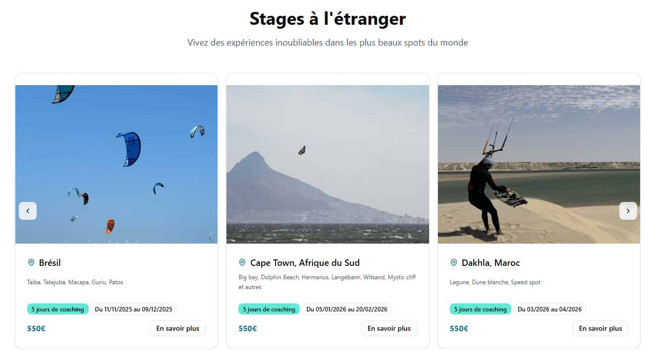 Aperçu du projet Site vitrine de coaching et voyage de kitesurf